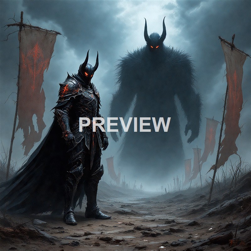 A dark fantasy scene featuring a heavily armored warrior with a horned helmet standing on a desolate battlefield, facing a towering, shadowy demon with glowing red eyes and large horns, surrounded by tattered banners and a gloomy, stormy sky.
